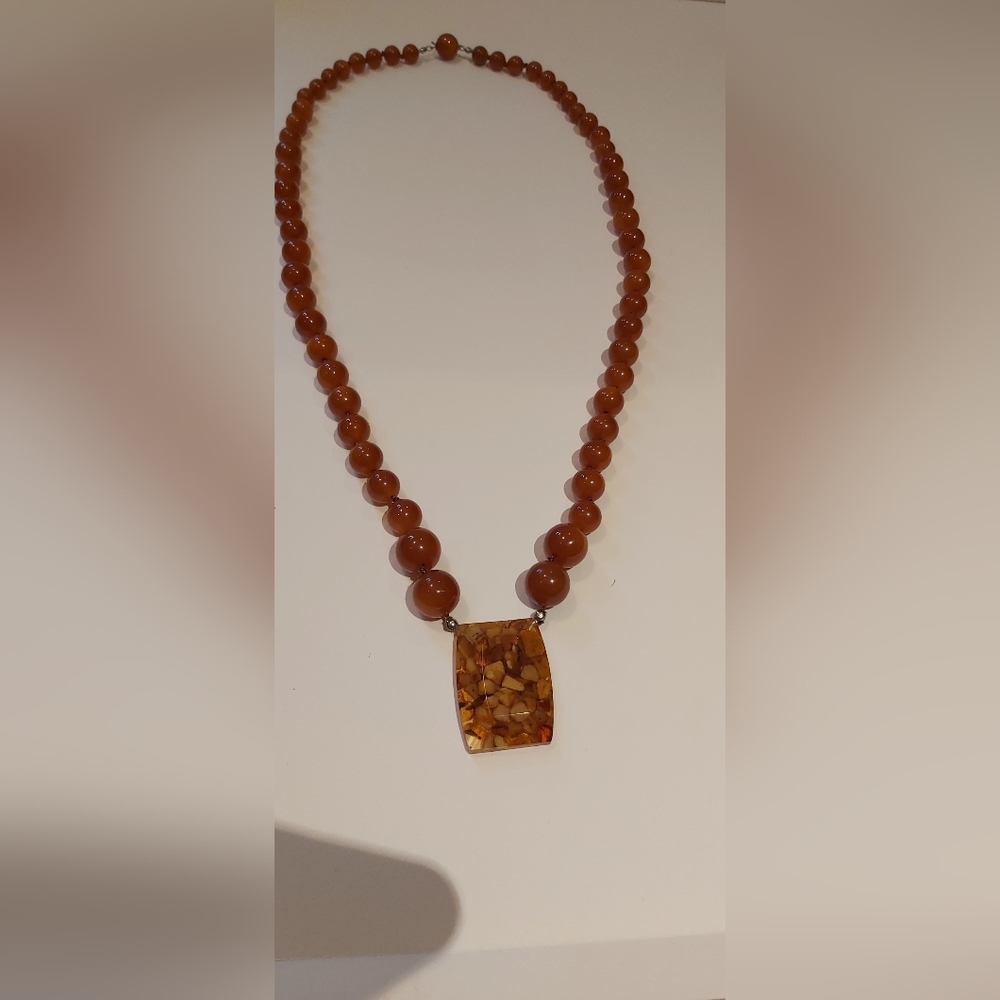 30" Vintage Faux Amber 70's Lucite Pendant and Beaded Necklace